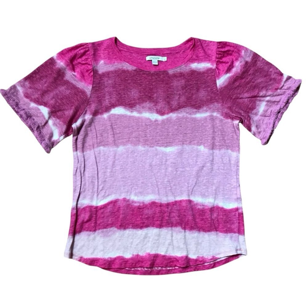 Chico's Women’s Pink and White Linen Tie-Dye Tee